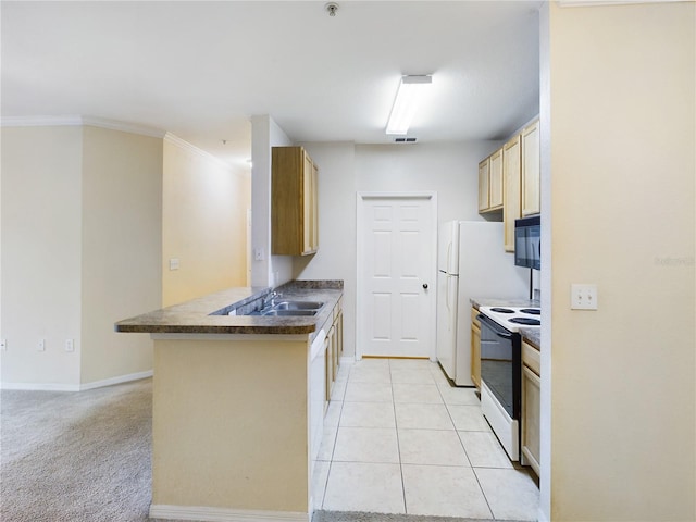 kitchen featuring white electric range, kitchen peninsula, crown molding, light colored carpet, and light brown cabinetry