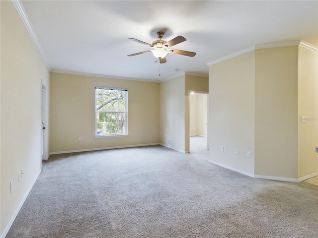 carpeted spare room with ceiling fan and ornamental molding