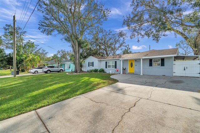 ranch-style home featuring a front lawn