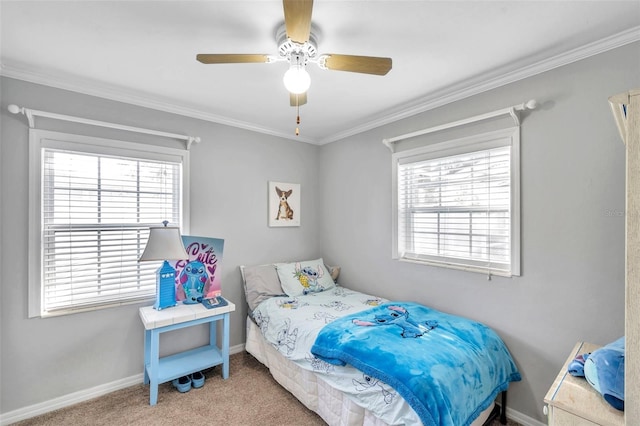 carpeted bedroom featuring ornamental molding, multiple windows, and ceiling fan