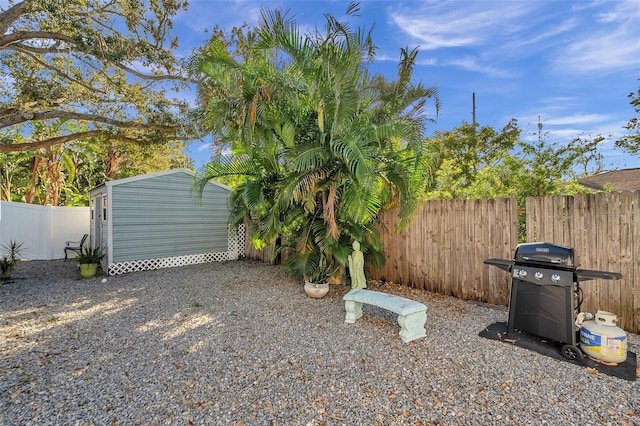 view of yard with a storage shed