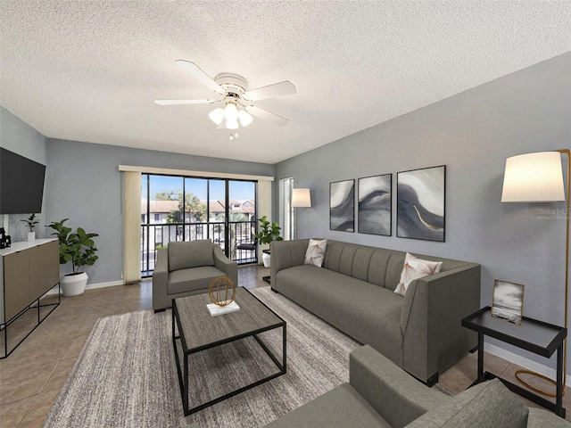 tiled living room featuring a textured ceiling and ceiling fan