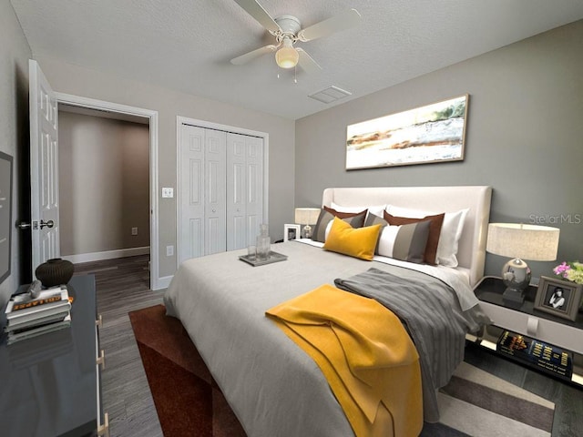 bedroom featuring a textured ceiling, dark hardwood / wood-style flooring, a closet, and ceiling fan