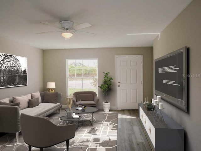 living room with ceiling fan and wood-type flooring