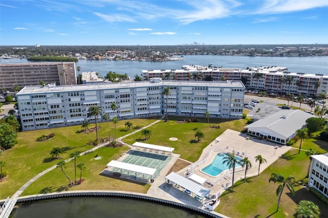 drone / aerial view with a water view