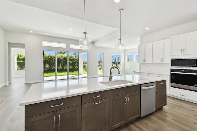 kitchen with hanging light fixtures, sink, light hardwood / wood-style flooring, appliances with stainless steel finishes, and white cabinetry