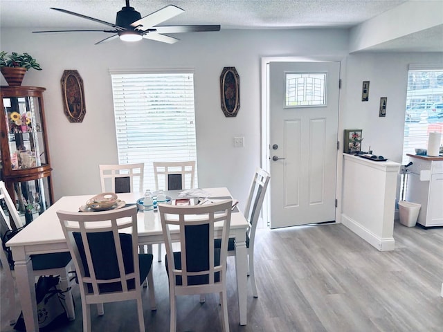 dining space featuring a textured ceiling, ceiling fan, and light hardwood / wood-style floors