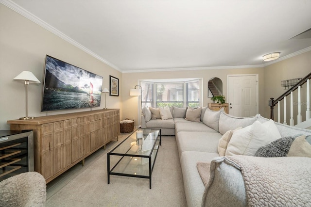 living room with crown molding