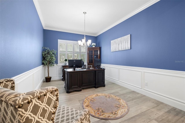 office space featuring light hardwood / wood-style floors, crown molding, and an inviting chandelier