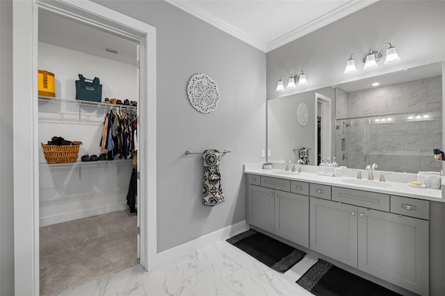 bathroom featuring vanity, crown molding, and walk in shower