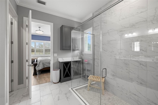 bathroom featuring a shower with door, ornamental molding, vanity, and wood-type flooring