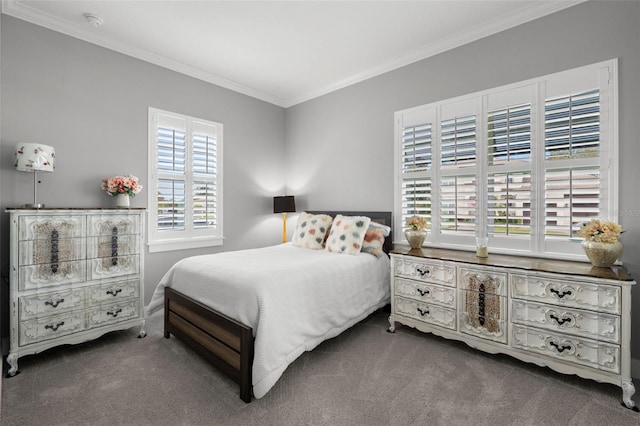 bedroom featuring dark carpet and crown molding