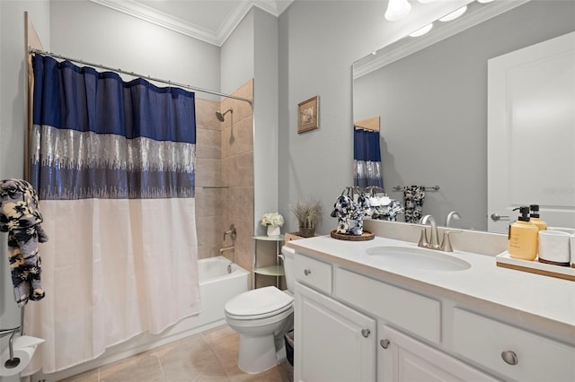 bathroom with toilet, vanity, tile patterned flooring, shower / bath combination with curtain, and crown molding