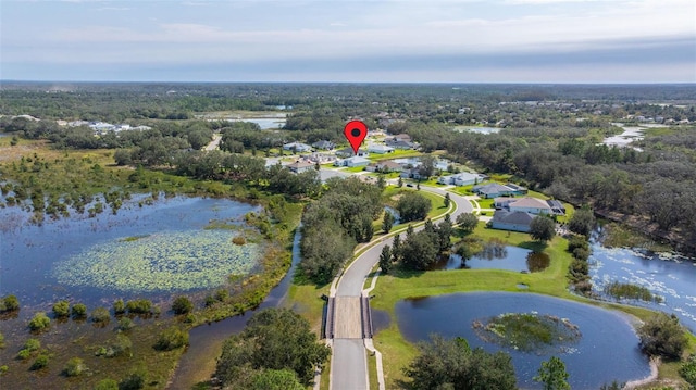 aerial view with a water view and a view of trees