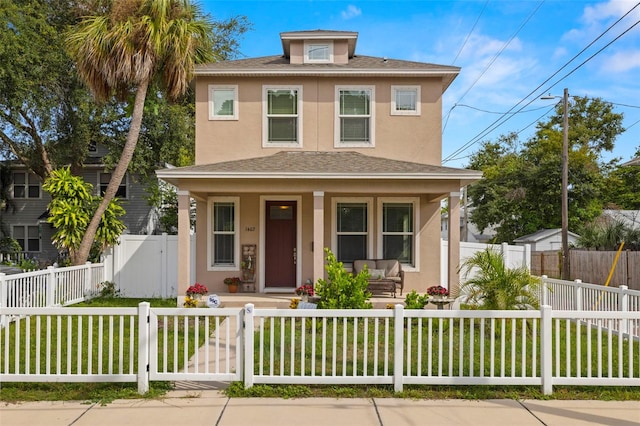 traditional style home with a fenced front yard, a porch, a front yard, stucco siding, and roof with shingles