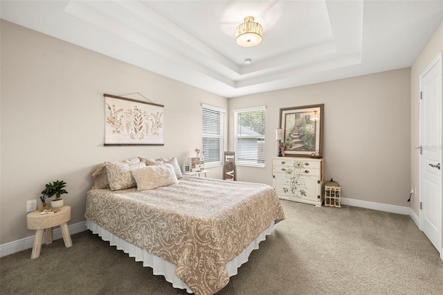 bedroom with baseboards, carpet flooring, and a raised ceiling
