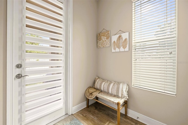 sitting room with baseboards and wood finished floors