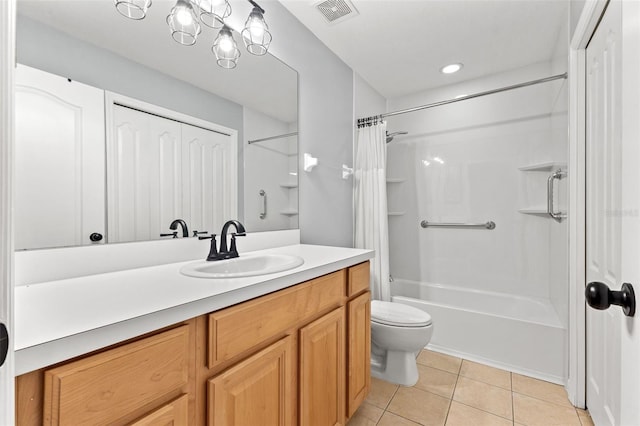 214 Cape Harbour Loop Unit 105, Bradenton, FL 34212 - bathroom featuring vanity, toilet, shower / bath combo, tile patterned floors, and recessed lighting