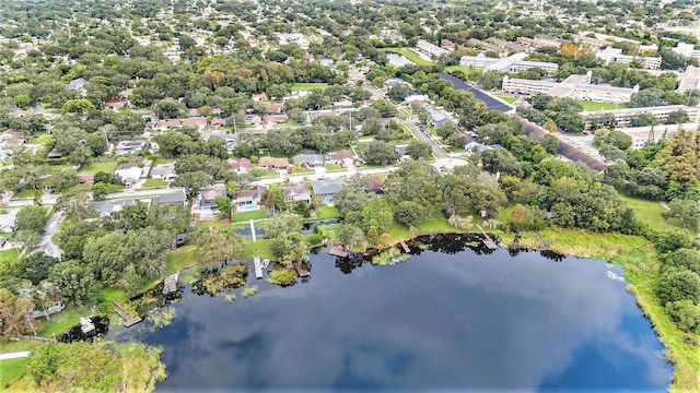 drone / aerial view with a water view