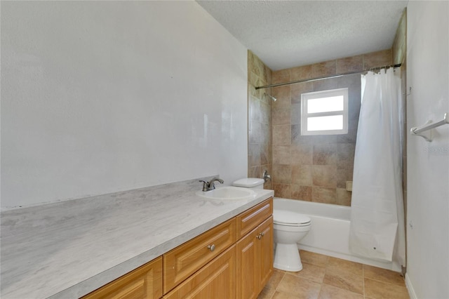 full bathroom with toilet, tile patterned flooring, vanity, a textured ceiling, and shower / bathtub combination with curtain