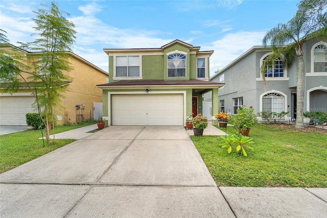 front of property with a front lawn and a garage