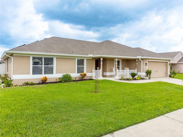 single story home featuring a garage, a front lawn, and covered porch