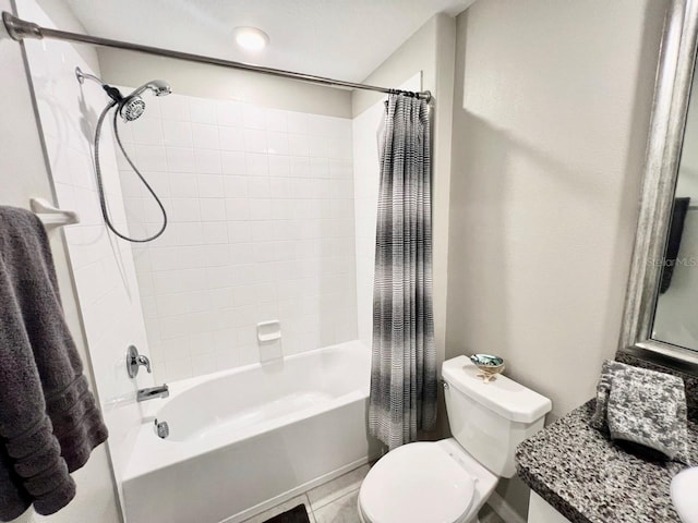 full bathroom featuring vanity, toilet, shower / bathtub combination with curtain, and tile patterned floors