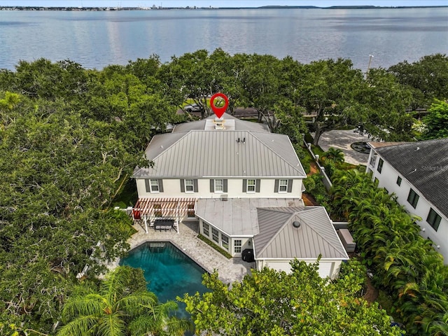 aerial view featuring a water view