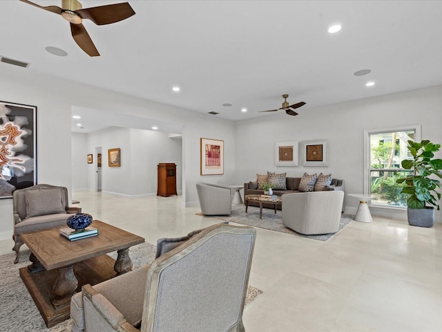 living room featuring ceiling fan