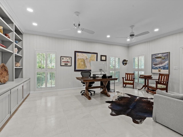 office space with ornamental molding, wood walls, and light tile patterned floors