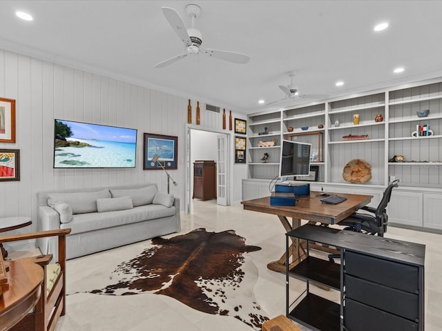 living room with wood walls