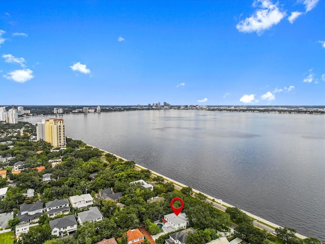 aerial view featuring a water view