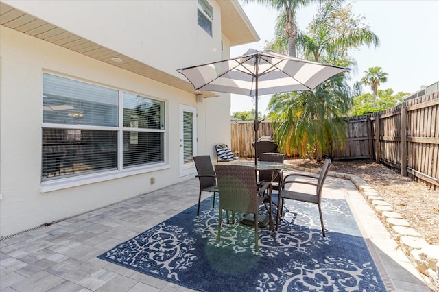 view of patio featuring a fenced backyard and outdoor dining area