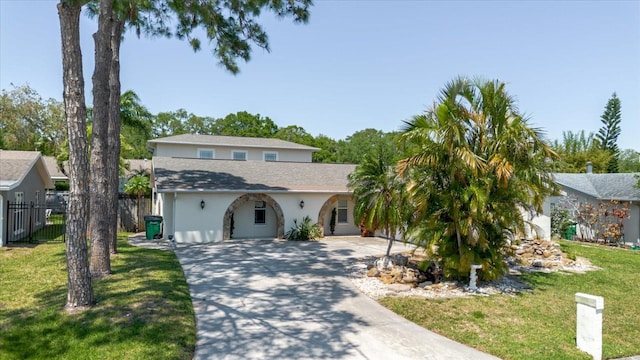 view of front of home featuring fence, a front lawn, driveway, and stucco siding