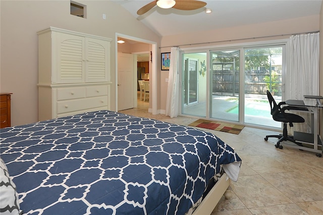 tiled bedroom featuring lofted ceiling, access to outside, and ceiling fan