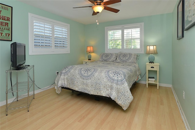 bedroom featuring light wood-type flooring and ceiling fan