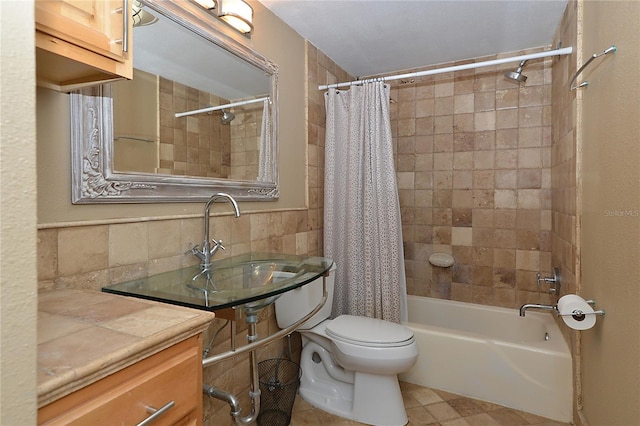 full bathroom featuring decorative backsplash, toilet, vanity, shower / tub combo with curtain, and tile walls