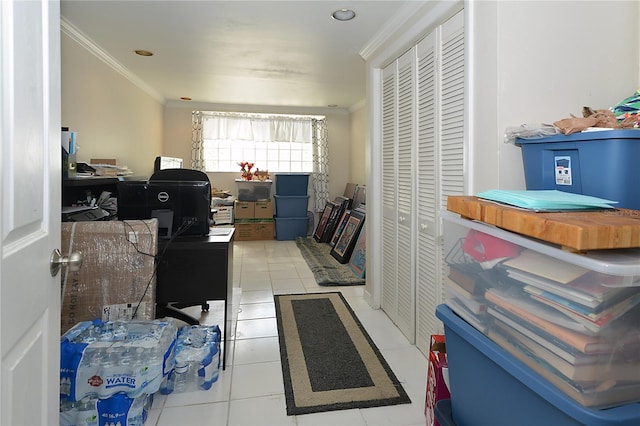 office space with crown molding and light tile patterned floors