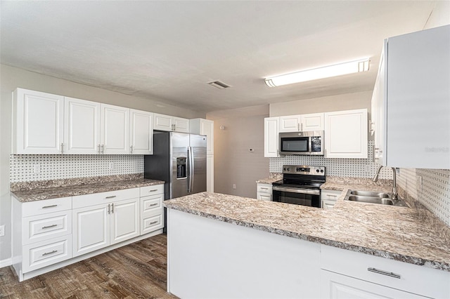 kitchen with white cabinetry, sink, appliances with stainless steel finishes, backsplash, and dark wood-type flooring