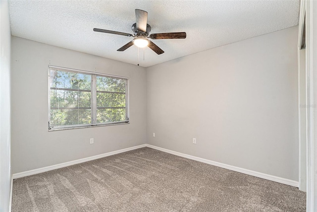 empty room featuring carpet floors, a textured ceiling, and ceiling fan