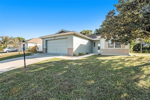 ranch-style house with a garage and a front lawn