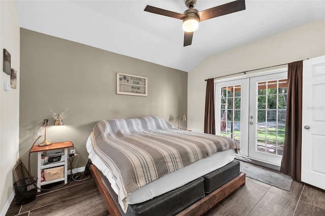 bedroom featuring access to outside, ceiling fan, french doors, dark hardwood / wood-style floors, and vaulted ceiling