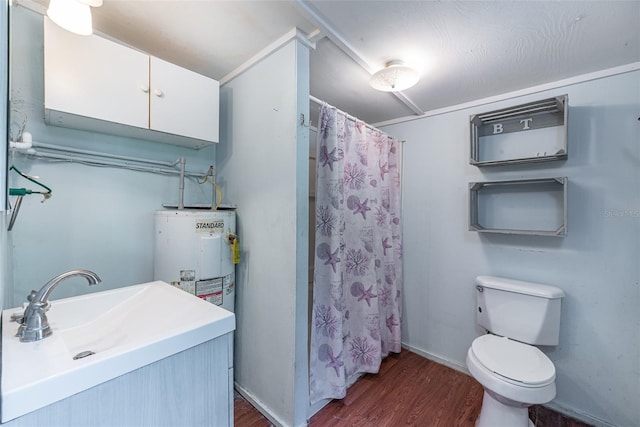 bathroom featuring hardwood / wood-style flooring, walk in shower, water heater, vanity, and toilet