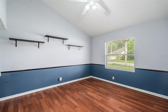 unfurnished room with hardwood / wood-style floors, ceiling fan, and vaulted ceiling