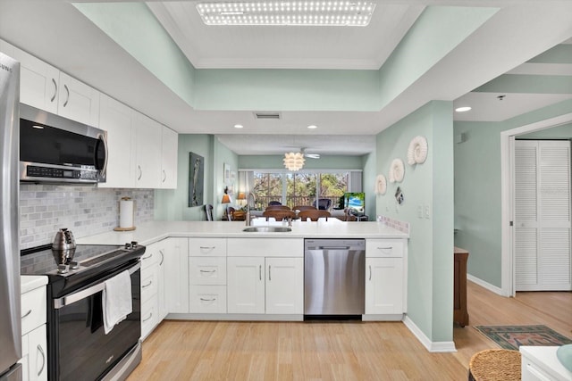 kitchen featuring kitchen peninsula, white cabinets, appliances with stainless steel finishes, light hardwood / wood-style floors, and sink