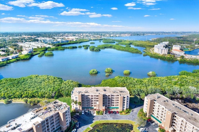 bird's eye view with a water view