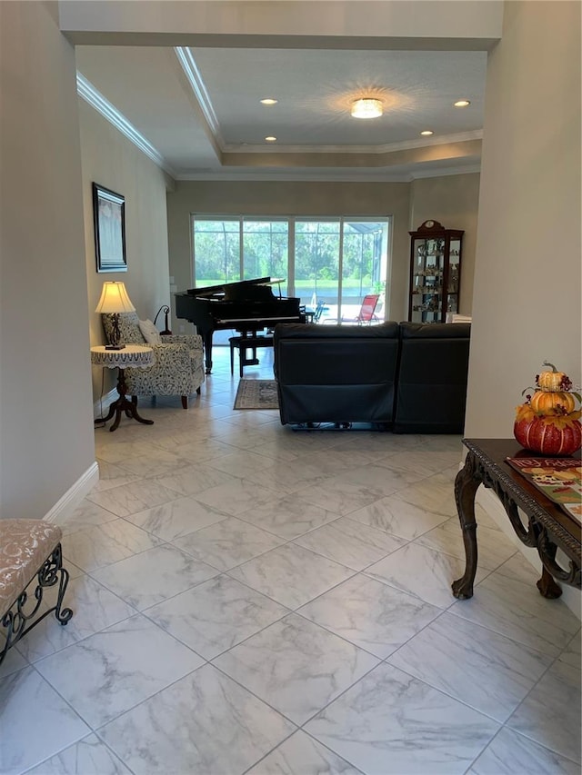 living room featuring crown molding