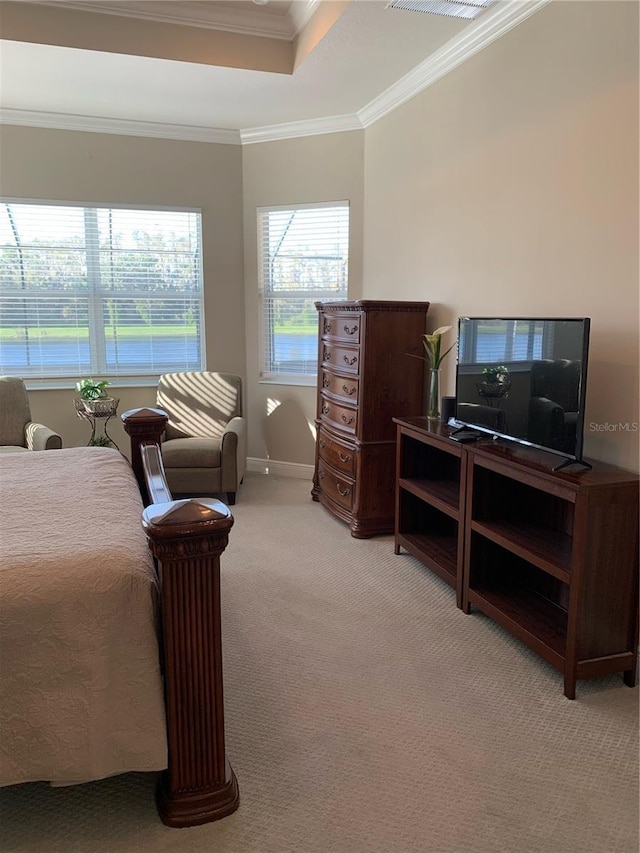 16015 Cape Coral Dr, Wimauma, FL 33598 - bedroom featuring light colored carpet, ornamental molding, a tray ceiling, and baseboards