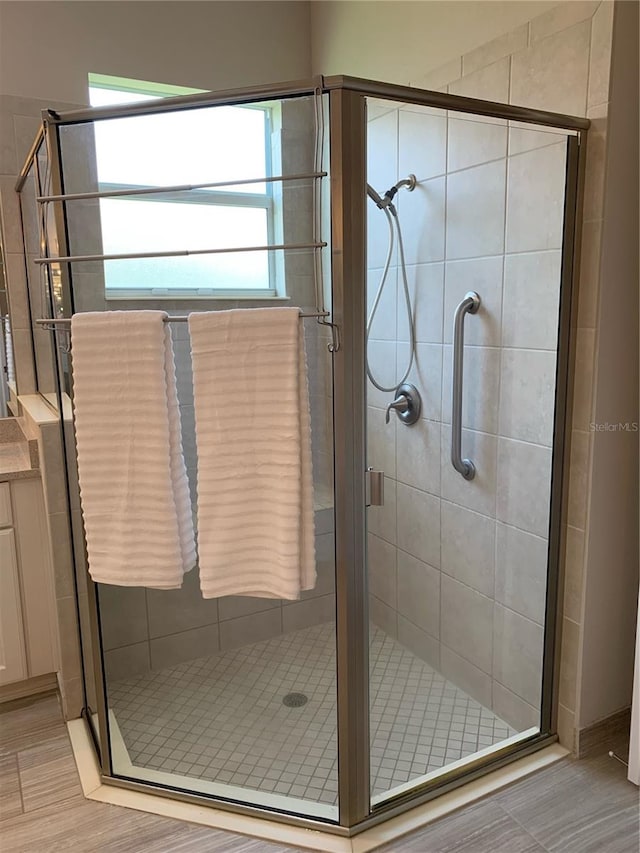 bathroom with vanity and a shower with shower door