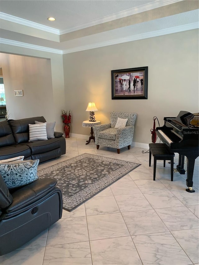 living room with ornamental molding